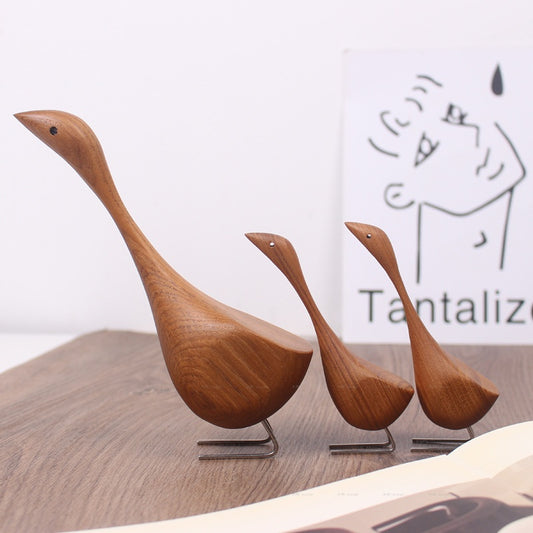 Swan Wooden Figurine Creative Desktop Home Decor Wood Carved Goose Craft Carving Nordic Figurine