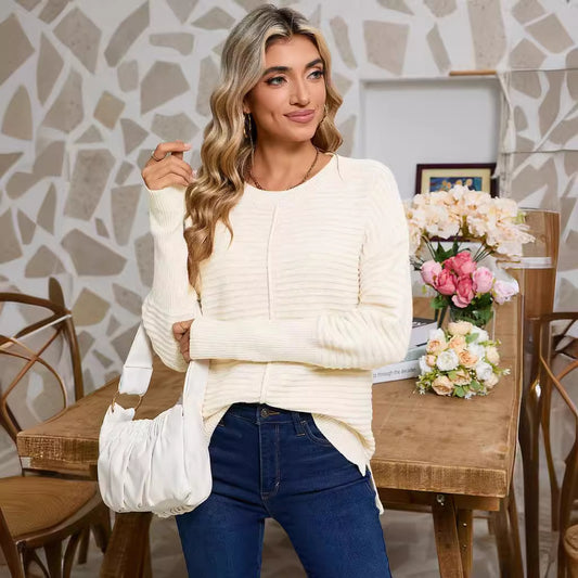 Solid color round neck long sleeved sweater for women