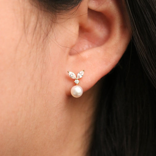 Cubic Leaf Pearl Drop Earrings-1
