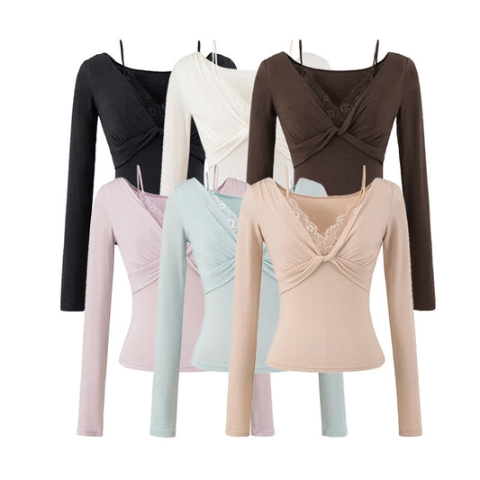 Twisted lace long sleeved T-shirt for women