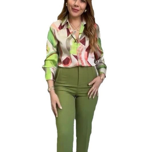 Printed top slim fit pants two-piece set for women's clothing