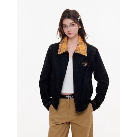 Retro Plaid Patchwork Denim Jacket Unisex Fashion Design High-End Workwear Jacket