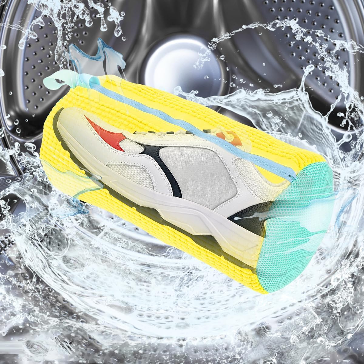 2 x Shoes Wash Bags, 39 x 19 cm, Shoes for Washing Machine, Reusable Shoe Wash Bag, Washing Machine with Brushes and Zip, Shoe Wash Bag, Padded for Travel Apartment (2 Pieces, Yellow)