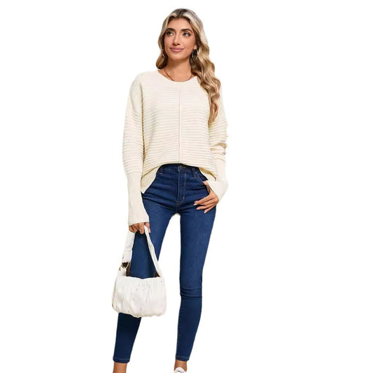 Solid color round neck long sleeved sweater for women