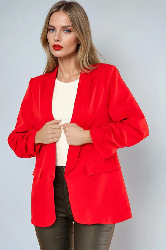 Red Blazer with Ruched Sleeves-0