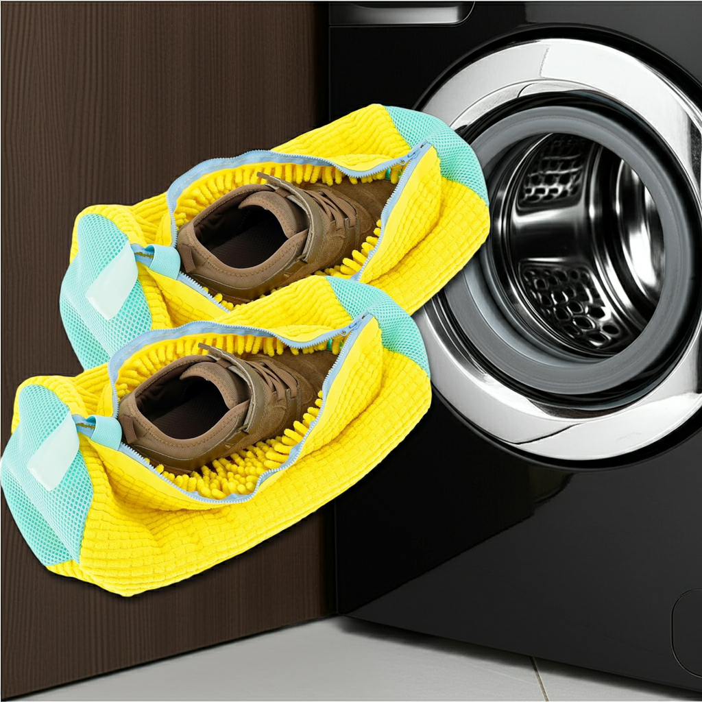 2 x Shoes Wash Bags, 39 x 19 cm, Shoes for Washing Machine, Reusable Shoe Wash Bag, Washing Machine with Brushes and Zip, Shoe Wash Bag, Padded for Travel Apartment (2 Pieces, Yellow)