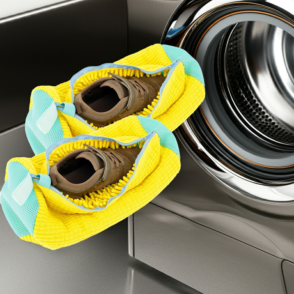 2 x Shoes Wash Bags, 39 x 19 cm, Shoes for Washing Machine, Reusable Shoe Wash Bag, Washing Machine with Brushes and Zip, Shoe Wash Bag, Padded for Travel Apartment (2 Pieces, Yellow)